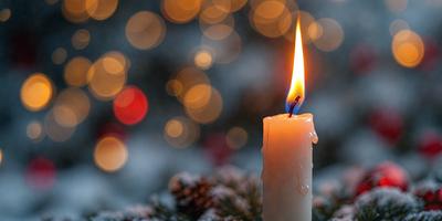 The primary subject of the image is a lit candle, which is placed in a snowy environment. The setting includes a Christmas tree, adding to the festive atmosphere. The visual style of the image is a photo, capturing the warmth and beauty of the lit candle in the snowy scene. The dominant colors in the image are white, representing the snow, and yellow, representing the lit candle, creating a cozy and inviting mood.